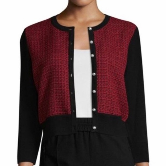Karl Lagerfeld Red and Black Cropped Cardigan Sweater - Picture 1 of 6